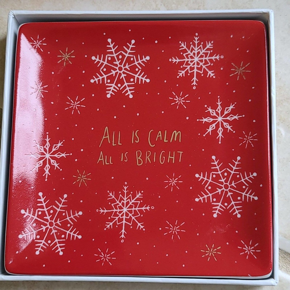 Fringe Studio Trinket Dish Plate Red Gold Jewelry Gift Christmas All Is Calm